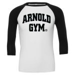 Arnold Gym 3_4 Sleeve T-Shirt - bold series- athletic t-shirts-arnold gym classic logo-long sleeve gym t-shirts-white_black
