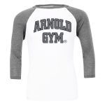 Arnold Gym 3_4 Sleeve T-Shirt - bold series- athletic t-shirts-arnold gym classic logo-long sleeve gym t-shirts-white_grey