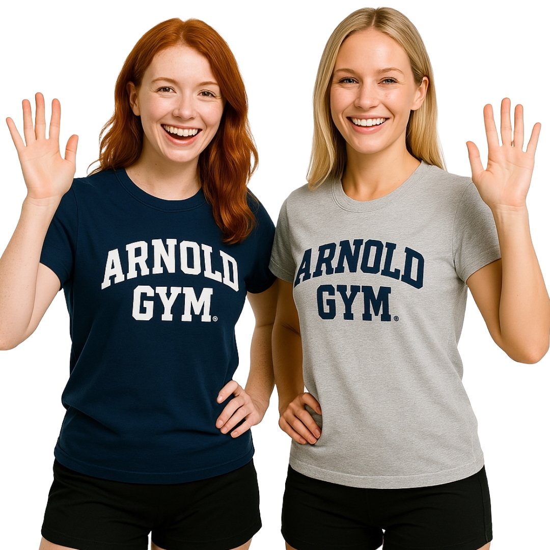 chloe and anna wears arnold gym fitness t-shirt-says hello