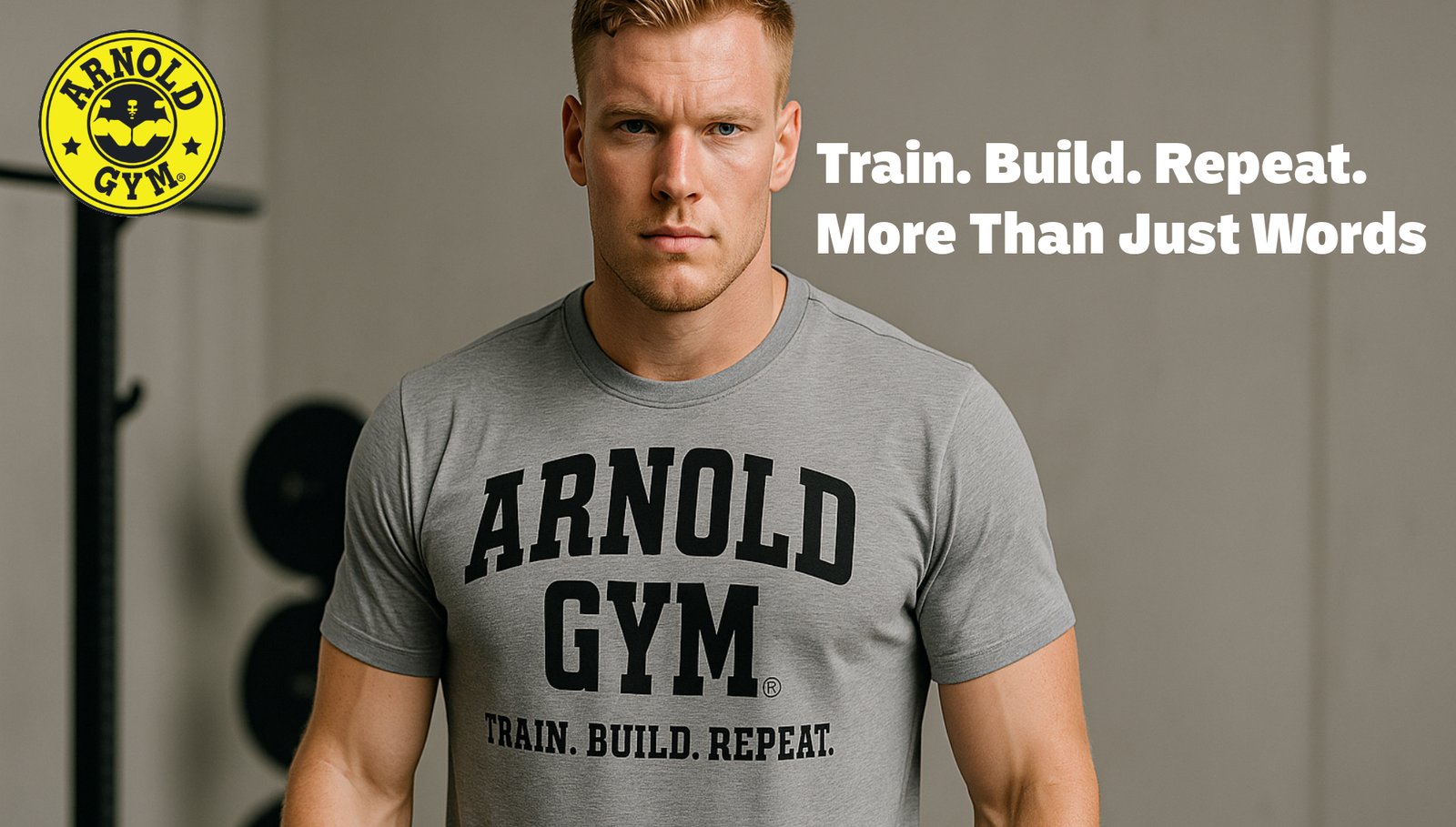 bodybuilding t-shirts-Blond athletic male model wearing a motivational bodybuilding t-shirt that says Train. Build. Repeat. – Arnold Gym collection