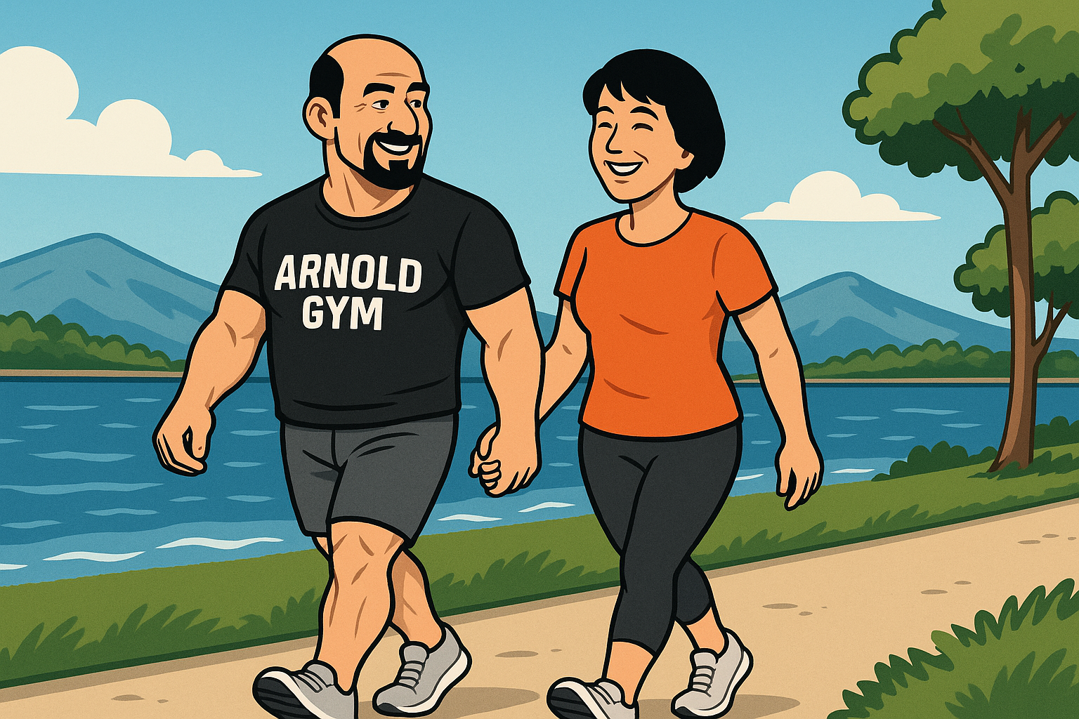 mr. kazim walks with his wife.arnold gym blog.mock up