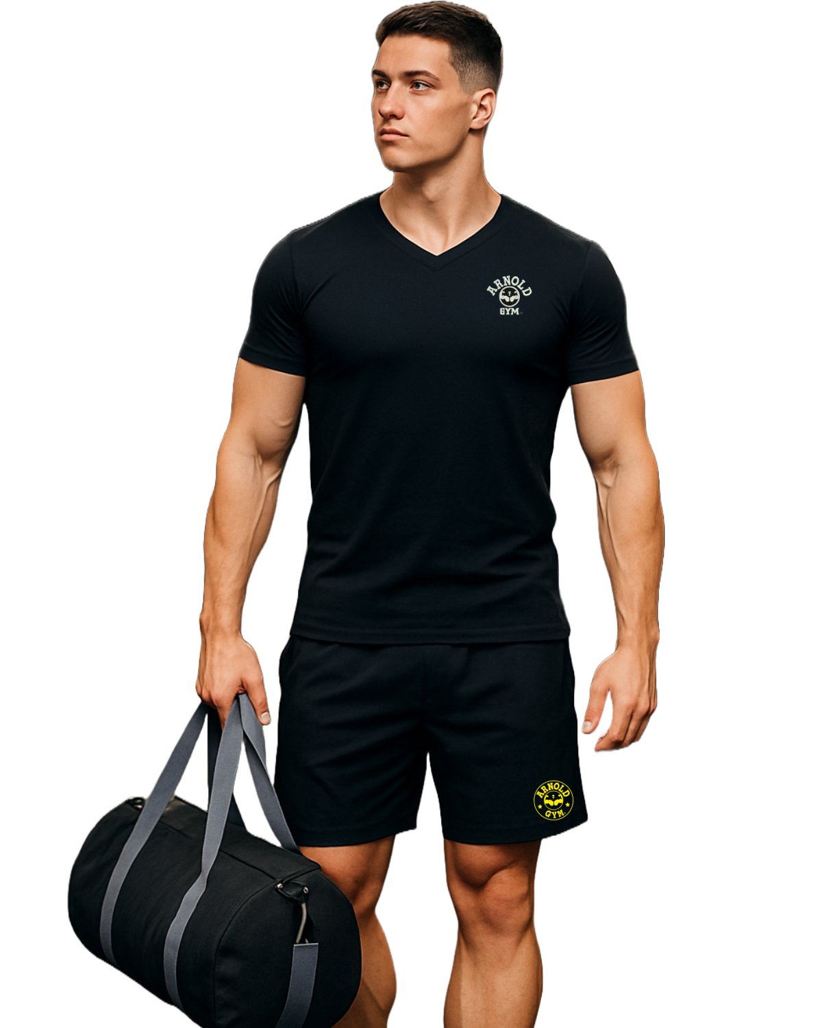 Arnold Gym men's black V-neck gym t-shirt, original black gym shorts, and black barrel gym bag – premium gym wear combination for athletes
