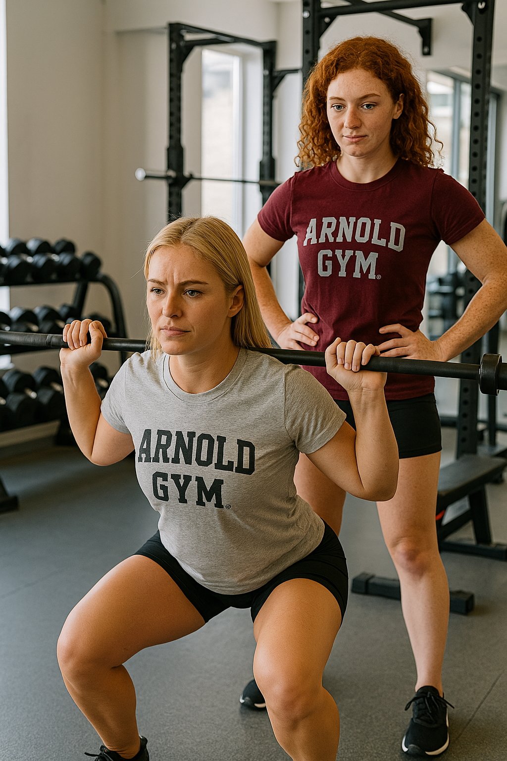 womens doing squats arnold gym women's fitness t-shirts-mockups