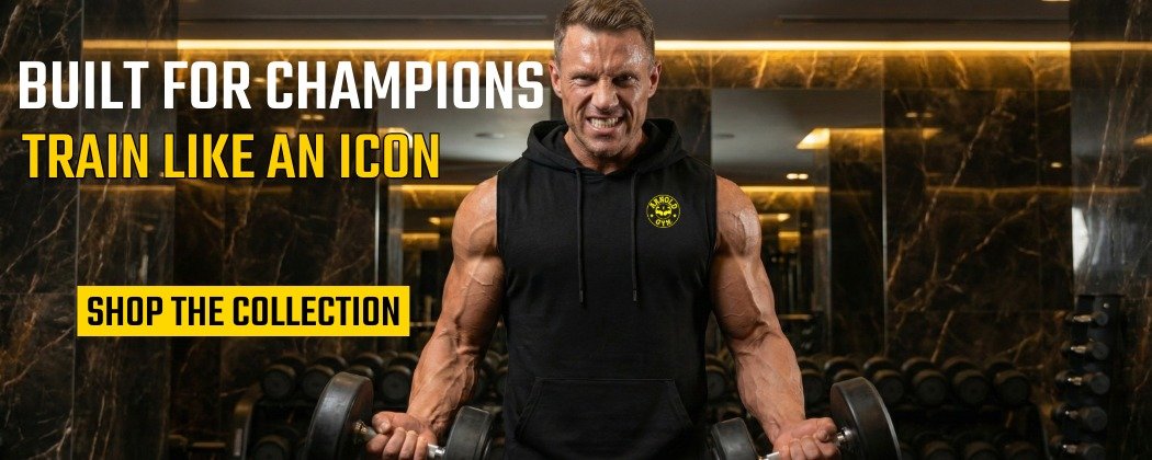 Muscular bodybuilder training in Arnold Gym black sleeveless hoodie. Text reads: Built For Champions - Train Like An Icon.